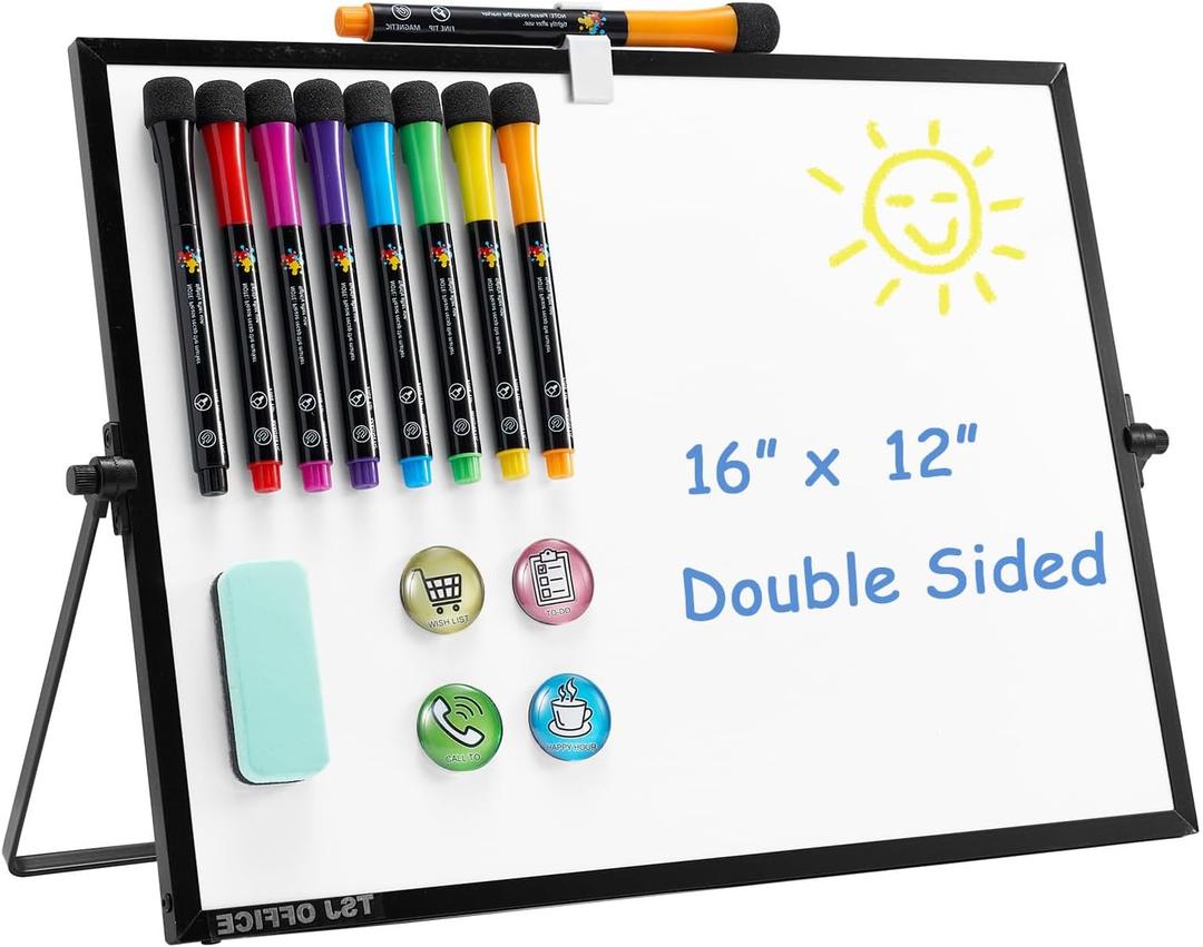 TSJ OFFICE Small White Board - 12 X 16 Inches Small Magnetic Dry Erase Board with Hooks for Wall, Desktop Whiteboard Stand 360 Degrees Revolving Double Sided for Office, Home, School, Black