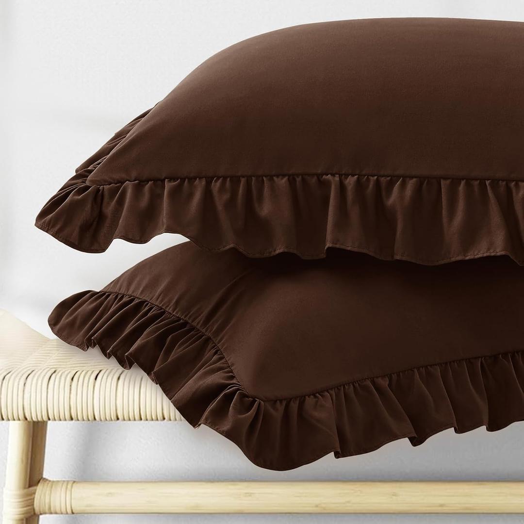 KKJIAF Ruffle Pillow Cases King Size Set of 2, Ruffled Pillow Covers with Envelope Closure, Wrinkle Resistant Ruffled Pillow Shams 20" x 36", Brown