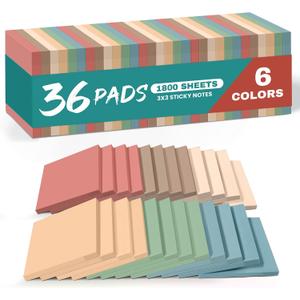 Sticky Notes, 3x3 Inch, 36 Pads, Aesthetic Self-Stick Note for Office, School and Home, Ideal for Planning, Notes and Organization, Vintage Colors