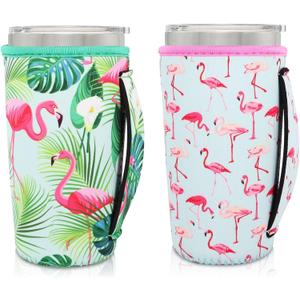 Neoprene Insulated Sleeves Cup Holder with Handle for 20oz Tumbler Cups, Reusable Iced Coffee Sleeve Compatible with Starbucks Trenta, Dunkin Large, more(Tropical Flamingo(2 Pack))