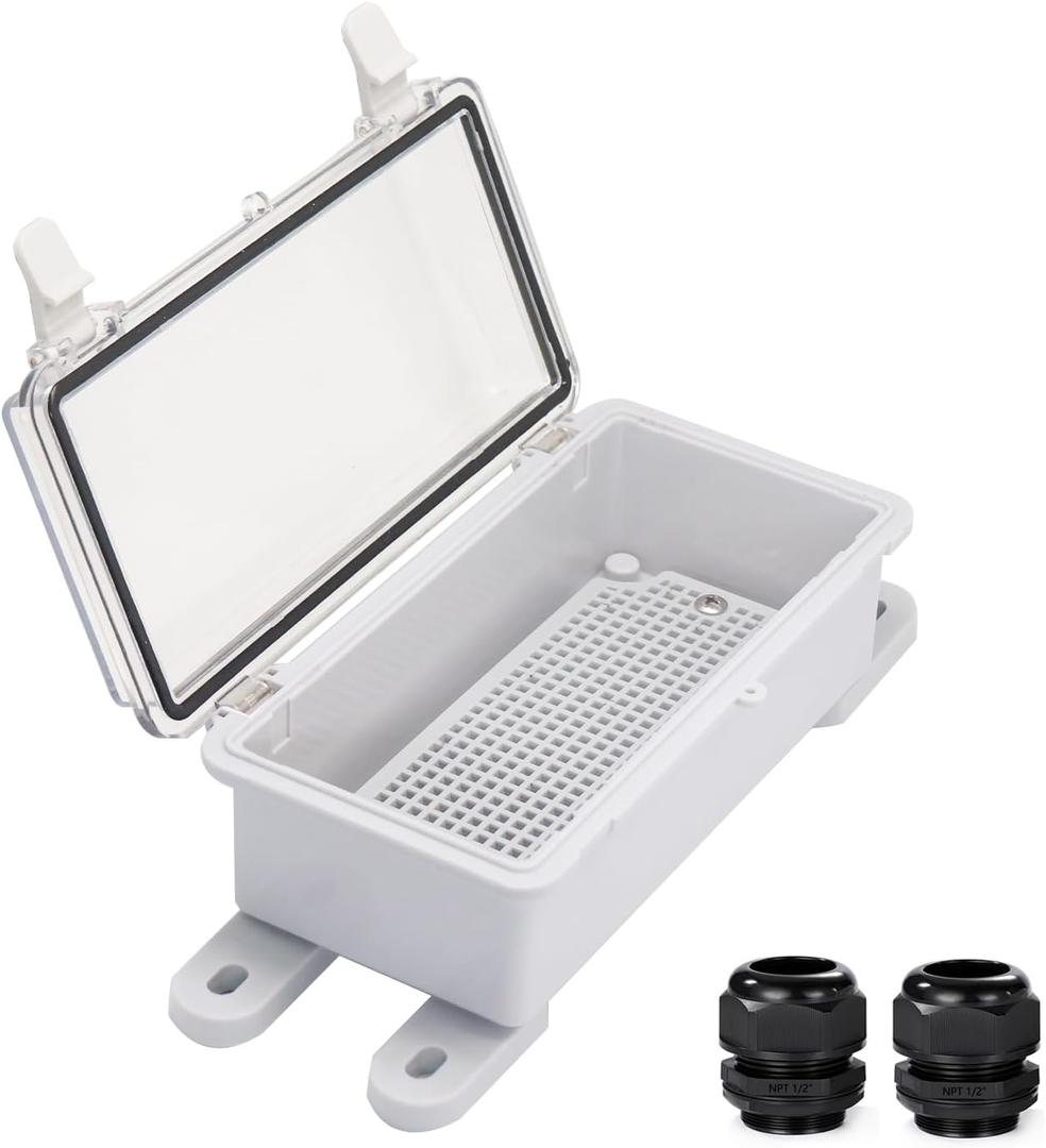 Waterproof Outdoor Electrical Box Junction Box Weatherproof IP67 ABS Plastic Enclosure Switch Router Project Box with Mounting Plate with Wall Bracket 2 Cable Glands Clear 7.9"x3.9"x2.8"