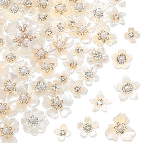 Janinka Rhinestone Buttons Faux Pearl Buttons Flat Back Flower Embellishments for Jewelry Making DIY Craft Wedding Hair Bouquet Home Decoration Party Accessory (Floral)