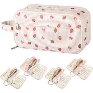 Cute Pencil Case Pouch Bag Strawberry Bow For Girls Boys kids Gift | Large 4 Compartments Multiple Pockets Big Corduroy Markers Crayons Storage Organizer,Pen Case Pouch for School College