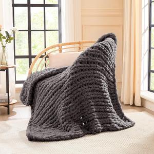 L'AGRATY Chunky Knit Blanket Throw: 40''x50'' Chenille Chunky Knitted Throw Blankets for Twin Bed Couch - Handmade Thick Cable Knit Blanket - Large Crochet Rope Blankets for Home Decor(Charcoal Grey)