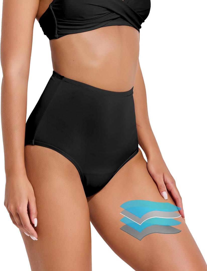 Beautikini Period Swimwear High Waisted Swim Bottoms Menstrual Leakproof Bikini Short for Teens, Girls, Women (Large, Black)