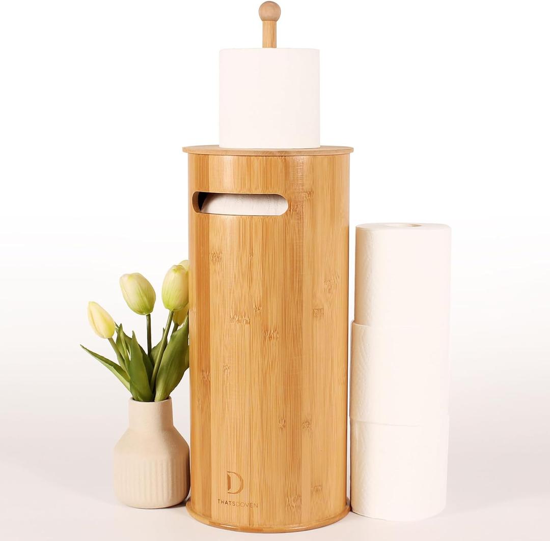 Toilet Paper Stand with 3-Roll Tissue Holder for Boho Bathroom, FreeStanding Bamboo Toilet Paper Holder,Wood Toilet Paper Storage with Lid. (Natural)