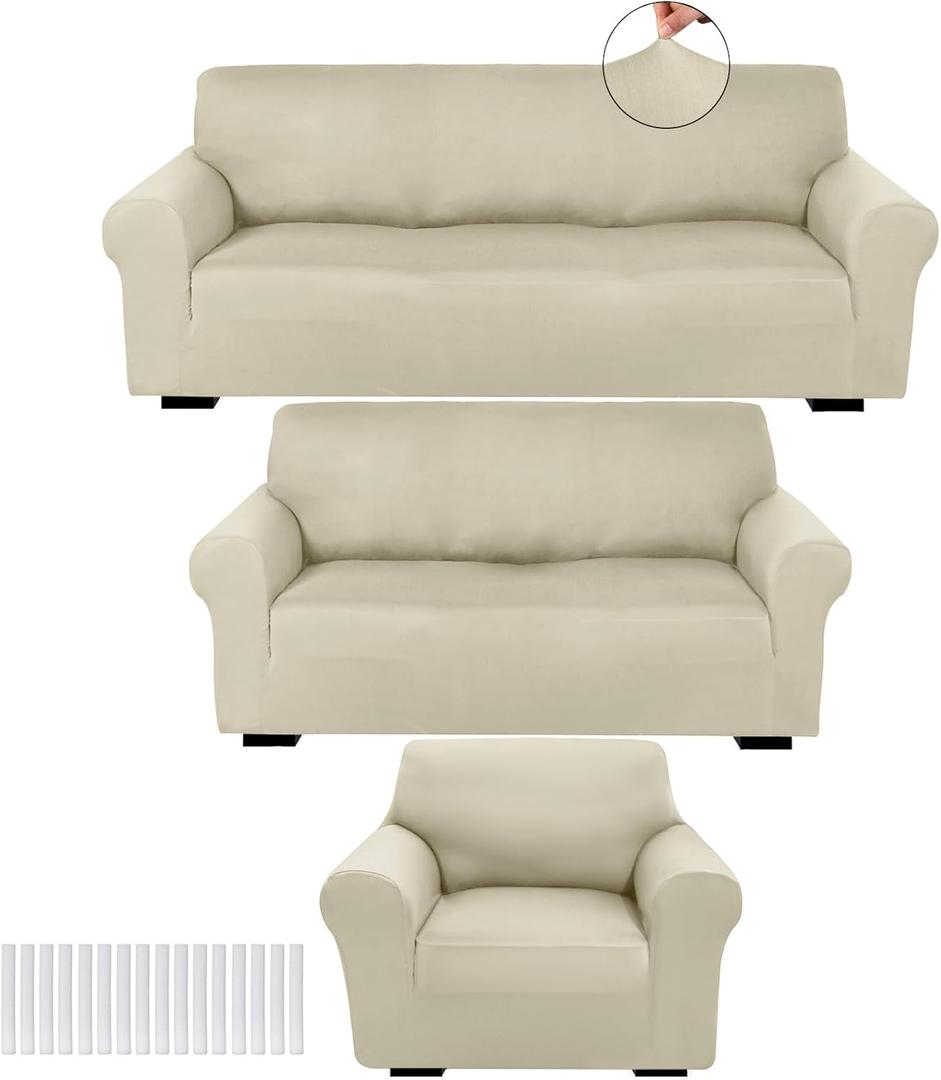 Peryiter 3 Pcs Slipcover Set for Couch Furniture Covers for Sofa Loveseat Couch Arm Chair, Form Fit Stretch, Wrinkle Free, Furniture Protector(Beige,Milk Silk Spandex)