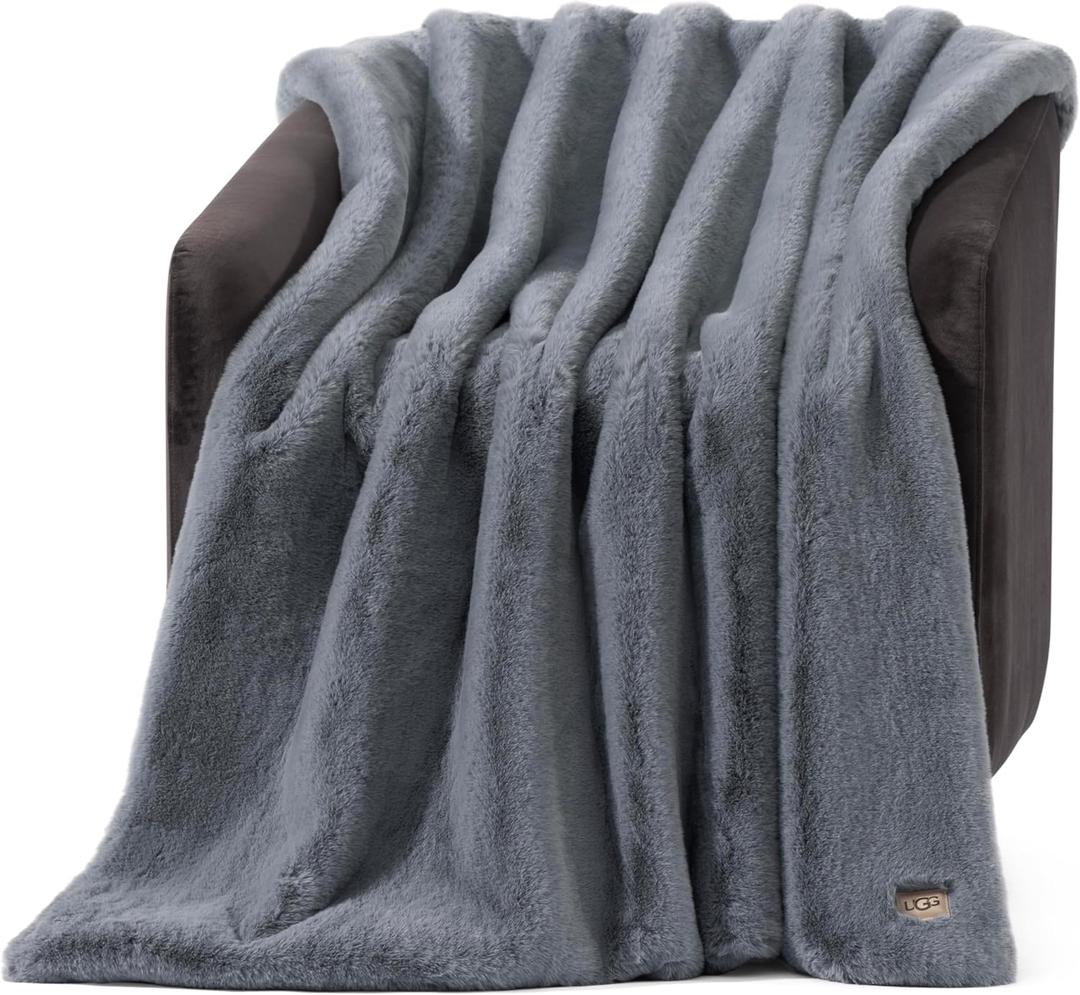 UGG Euphoria Faux Fur Throw Blanket, Oversized Soft Throw for Couch or Bed, Luxury Room Decor, Giftable Fuzzy Blankets, Machine Washable, 50inch x 70inch, Chambray Blue Grey
