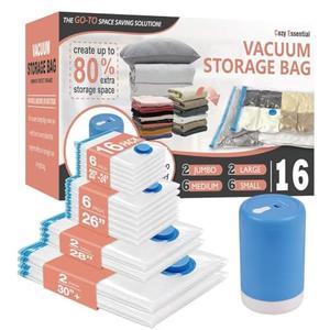 Cozy Essential Travel Vacuum Storage Bags with Rechargeable Cordless USB Pump for Luggage, Suitcase, Carry-on Size Vacuum Seal Compression Space Saver Bags for Clothes and Clothing, 16 Combo