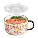 Chubacoo Jumbo Soup Bowl with Lid: 38 oz Ceramic Soup Mug with Big Handle for Ramen Cereal Breakfast Meal Prep Office Lunch Dorm Living - Microwave Safe Extra Large Food Container - Pattern D