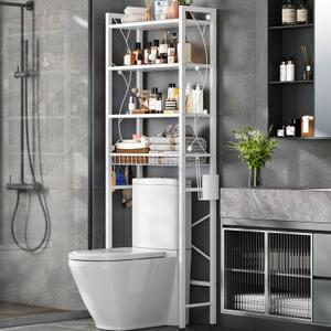 Over-The-Toilet Storage Rack, 4-Tier Bathroom Organizer Shelf Over Toilet with Adjustable Shelf and Basket, Freestanding Space Saver Bathroom Shelves Above Toilet for Room (Pure White), X-Large