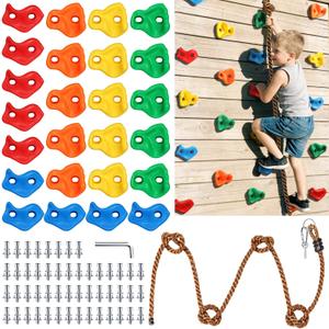 SEKKVY 25 Rock Climbing Holds With 6.56Ft Knotted Rope, Kids Holds for Indoor Outdoor Play Set, Wall Kit With Mounting Hardware, Multi-Color