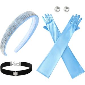 Princess Costume Accessories for Women Headband Choker Earring Long Gloves Set Halloween Dress Up Party Supplies (Blue)