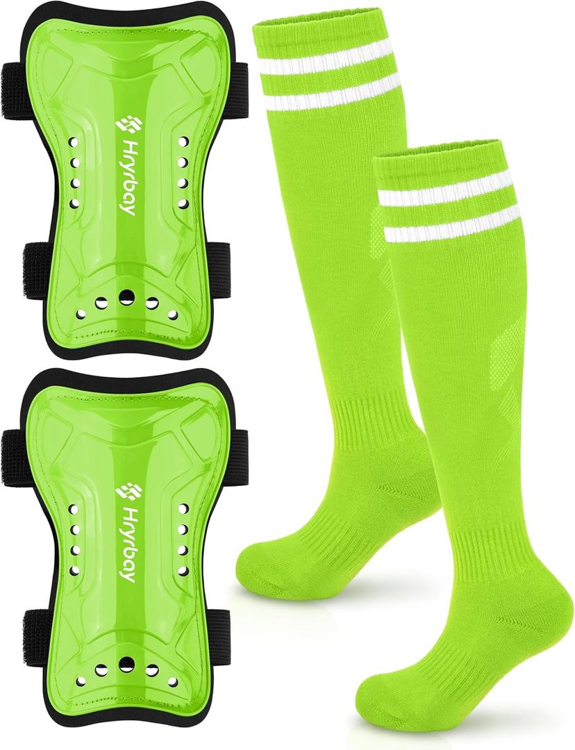 Hryrbay Kids Soccer Shin Guards and Socks Toddler Soccer Shin Pads Protective Defender Gear for Boys Girls Ages 3-15 Great for Training, Matches, Inspired by The World Cup (Small, Neon Green)