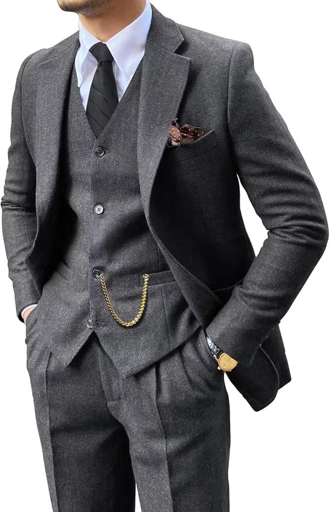 Retro 3 Piece Suit Tweed Herringbone Men's Suits Slim Fit Groom Tuxedos Set Prom Brown Grey Jacket Blazer Vest Pants, XXXXL
