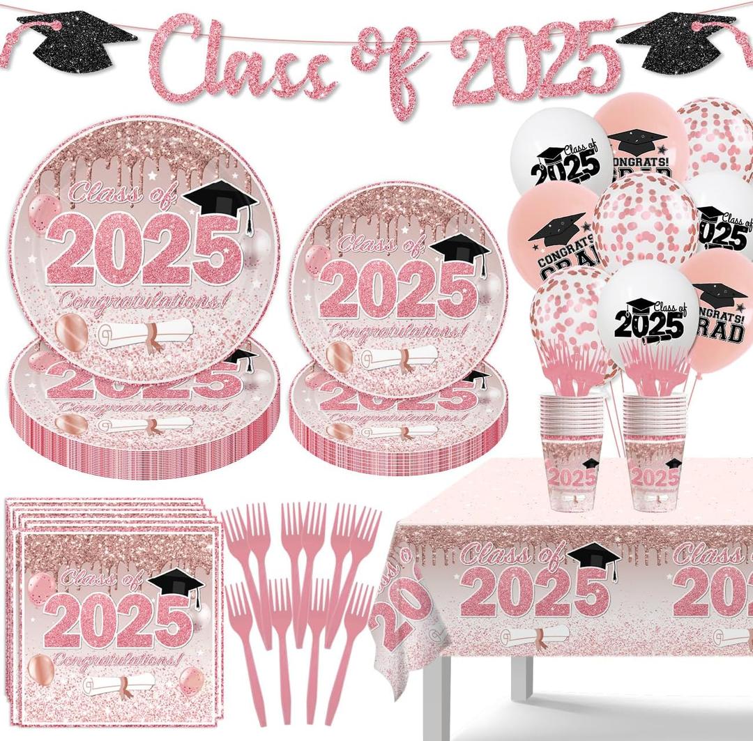 Pink Graduation Decorations Class of 2025, Pink Rose Gold Graduation Disposable Paper Plates Napkins Cups Forks Tablecloth and Balloons for Pink 2025 Graduation Party Supplies, Serve 20