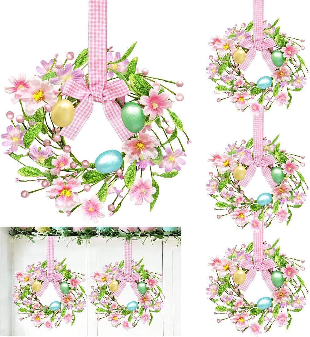 Easter Decorations 4 Pack 12 Inch Easter Wreath for Kitchen Cabinets Window, Mini Easter Wreath with Colorful Eggs Flowers Berried Leaves Bow Artificial Easter Wreaths for Door Wall Stair Home Decor