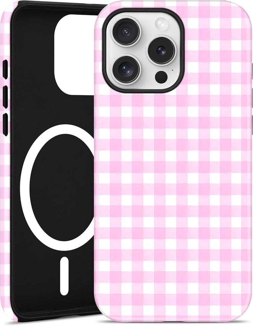 Jusy Compatible with MagSafe Checkered Case for iPhone 14 Plus, Cute Aesthetic Plaid Magnetic Phone Case, Soft TPU and Hard PC Protective Phone Cover for Women GirlsMatte - Pink Plaid