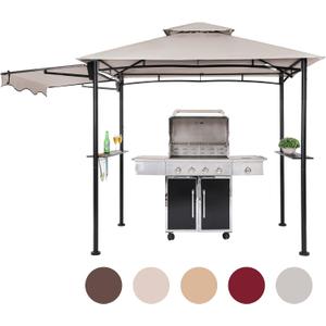 FAB BASED 5x8 Grill Gazebo, All-Weather Steel Construction, Double Tiered & Resistance Canopy Roof, Metal Serving Shelves, 2 LED and Bottle Opener for Patio, Backyard, BBQ (Light Gray)