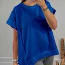 Tankaneo Womens Oversized Short Cap Sleeve T-Shirts Crew Neck Side Slit Tops Summer Casual Loose Fit Tees Tunic Shirts (Blue, L)