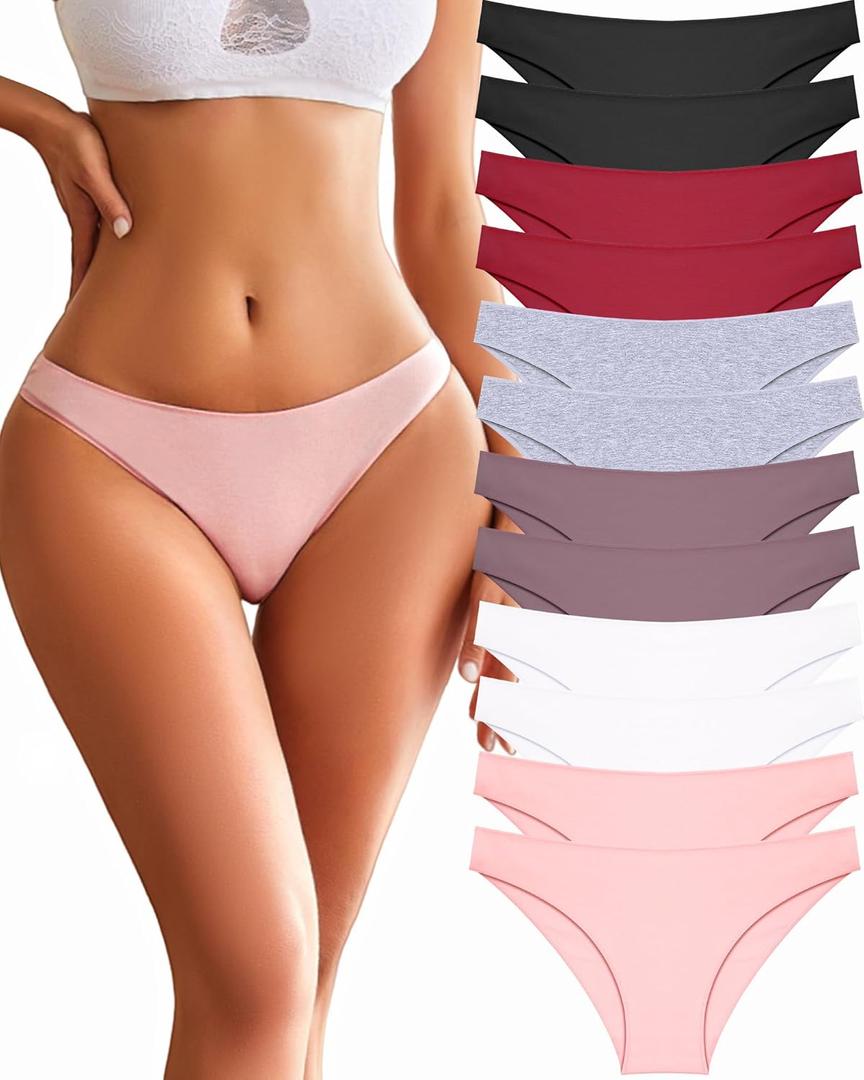 FINETOO 12 Pack Cotton Underwear for Women Cute Low Rise Bikini Panties High Cut Breathable Sexy Hipster Womens Cheeky  (Large)