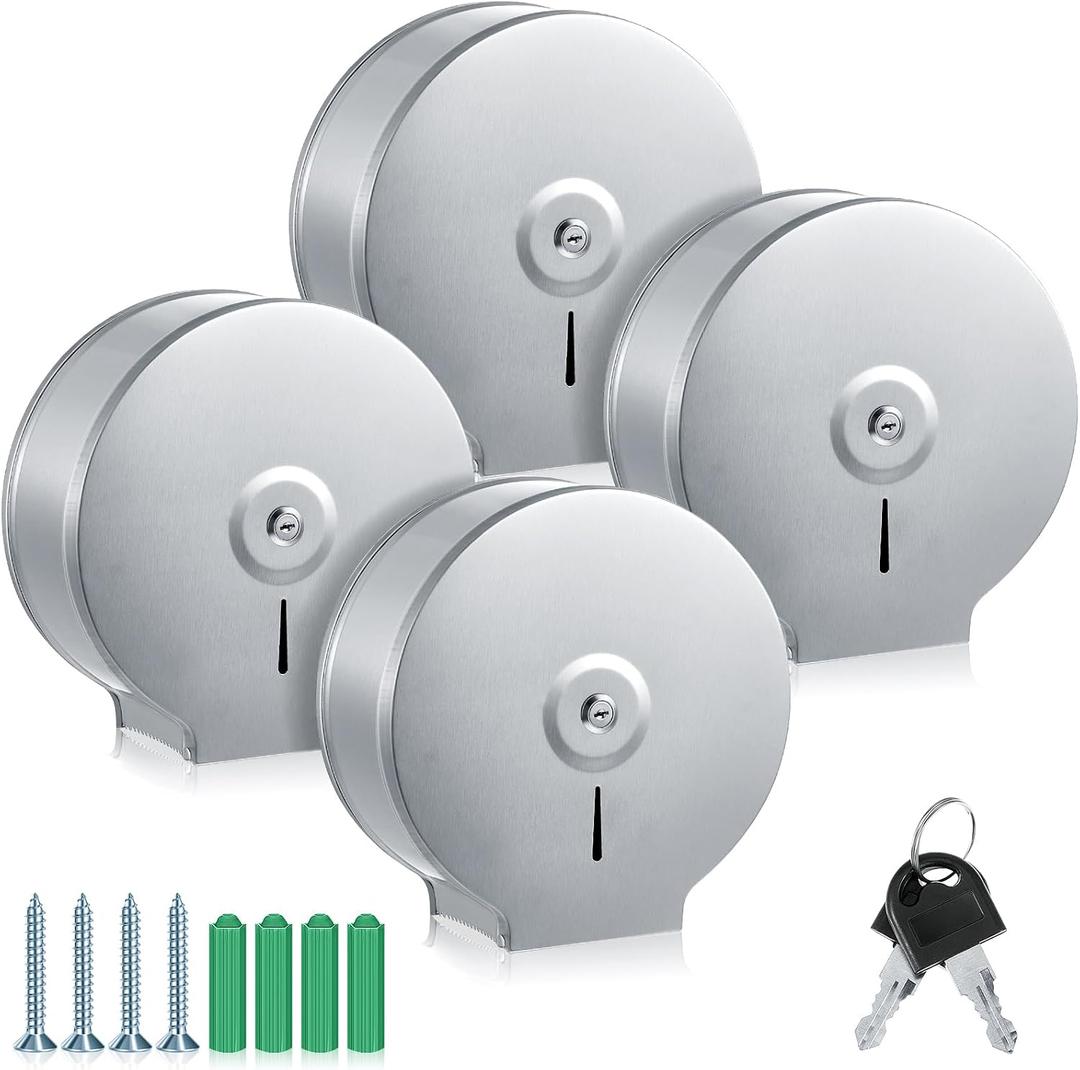 4 Pcs Industrial Toilet Paper Holder Commercial Roll Dispenser Wall Mount Stainless Steel Jumbo Tissue Dispenser Fits 9 Roll Toilet Paper for Office Home Public Places (Silver)