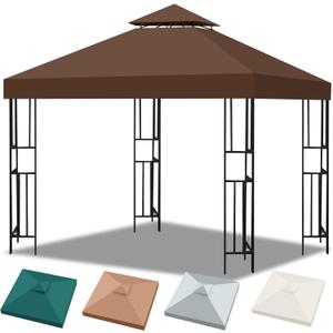 10x10 Double Tiered Canopy Replacement Top with Air Vent, Gazebo Roof for Outdoor Garden (Brown, Flat Edge)