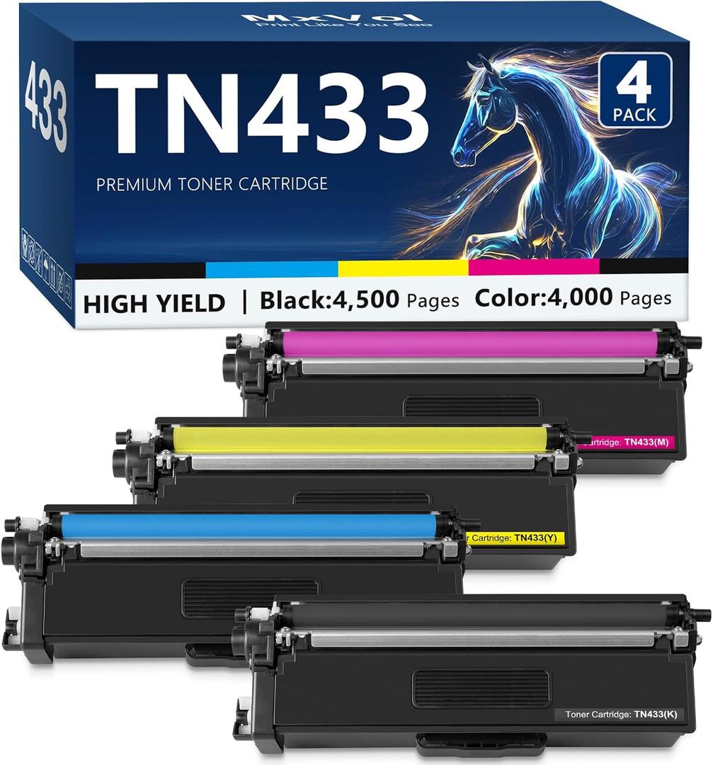 MxVol Compatible TN433 TN431 TN-433 Toner Cartridge Replacement for Brother TN 433 TN-431 MFC-L8900CDW MFC-L8610CDW HL-L8360CDW HL-L8260CDW Printer Toner (TN433BK TN433C TN433M TN433Y, 4-Pack)