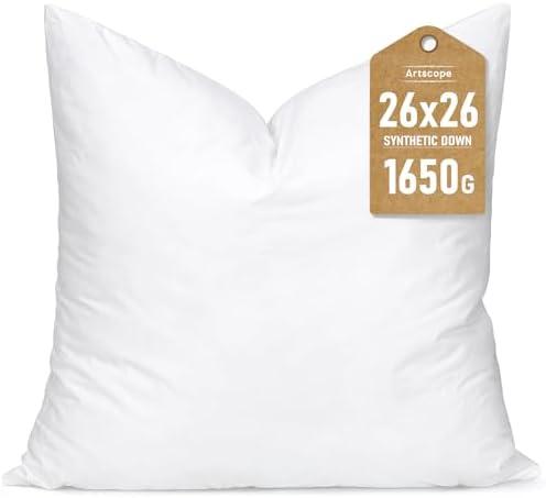 Artscope Synthetic Down Pillow Insert, 26x26 Down Alternative Throw Pillow Insert. Ultra Soft Fluffy Sleeping Pillow with 100% Cotton Cover, Decorative Pillows-White. Artscope Synthetic Down Pillow Insert, 26x26 Down Alternative Throw Pillow Insert. Ultra Soft Fluffy Sleeping Pillow with 100% Cotton Cover, Decorative Pillows-White.