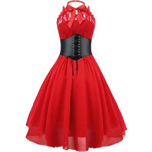 GOLDSTITCH Women's Sleeveless Gothic Lace Dress with Corset Halter Lace Swing Cocktail Dress (Medium, Red)