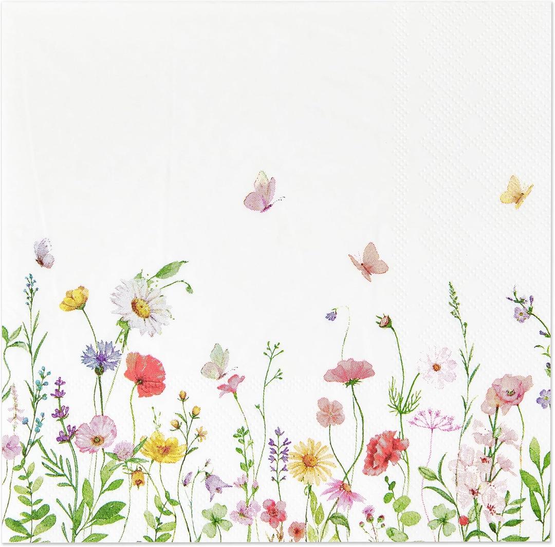 Crisky 100 Pcs Wildflower Floral Luncheon Disposable Napkins for Wedding/Engagement/Bridal Shower/Baby Shower/Anniversary Party Decoration, 3-Ply