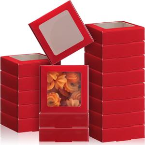 Zonon 30 Pcs Kraft Paper Boxes with Window 4.13 x 4.13 x 1.18 Inch Candy Packaging, Small Gift Boxes, Soap holder, Mini Treat Packaging for Bakery Chocolate Jewelry Display (Dark Red)