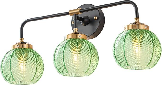 Bathroom Light Fixtures Vanity Wall 3-Light Coastal Vanity Lights Emerald Green Vintage Wall Lamp with Glass Globe Shade Modern Glass Wall Vanity Lighting for Mirror Kitchen Cabinet