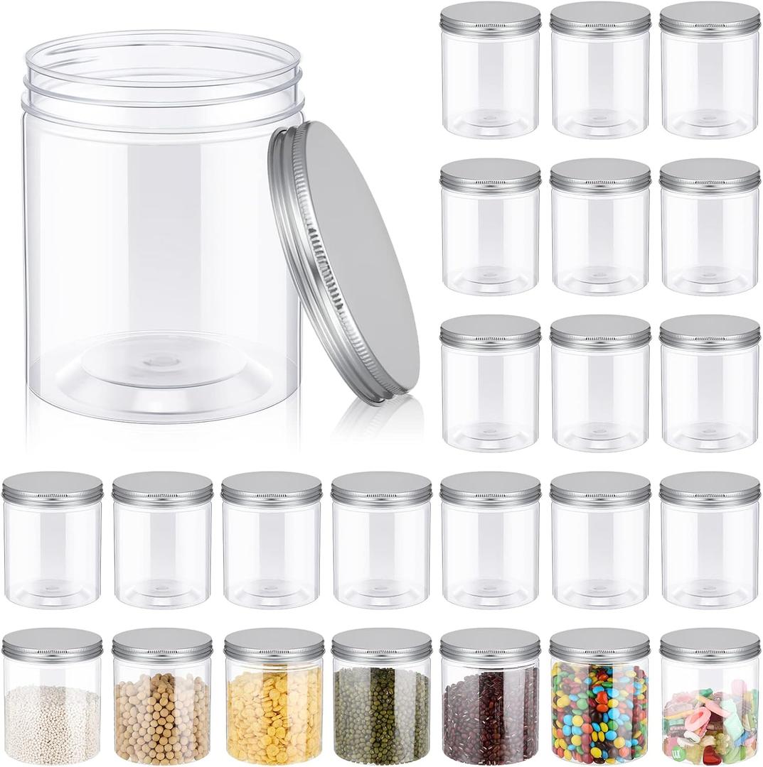 Irenare 24 Pcs 16 oz Plastic Jars with Lids Clear Plastic Containers Wide Mouth Food Mason Jars Airtight Storage Containers for Cake, Dried Fruit, Honey, Nuts, Carft, Scrub Cream(Silver Lids)