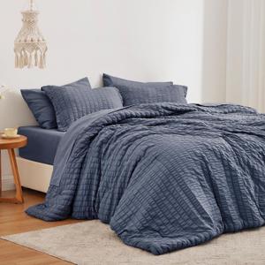 Love's cabin Seersucker Navy Blue King Size Comforter Set, 7-Piece All Season Lightweight Bed in a Bag Bedding Set with Comforter, Flat Sheet, Fitted Sheet, Pillowcases and Shams