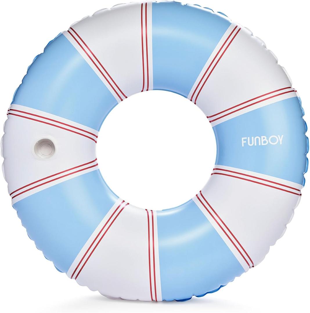 FUNBOY Giant Vintage Stripe Inflatable Pool Float with Cup Holder 48" Pool Float for Adults|Inner Tube Pool Toys Swim Rings Swimming Pool Accessories & Pool Lounger Float for Pool Party & Summer (blue and red)
