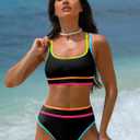 popvil Women's High Waisted Bikini Sets Neon Two Piece 2026 Swimsuit Sporty Adjustable Straps Bathing Suit (Black, S)