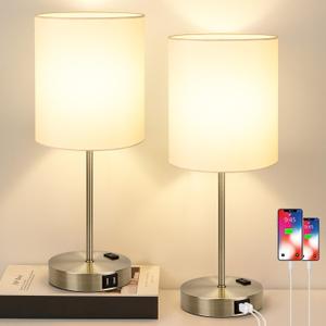 Lynnoland Set of 2 Touch Control Table Lamps with 2 USB & AC Outlet, 3-Way Dimmable Bedside Nightstand Lamps for Bedroom Living Room Nursery, 800 Lumens 3000K Warmlight Bulbs Included