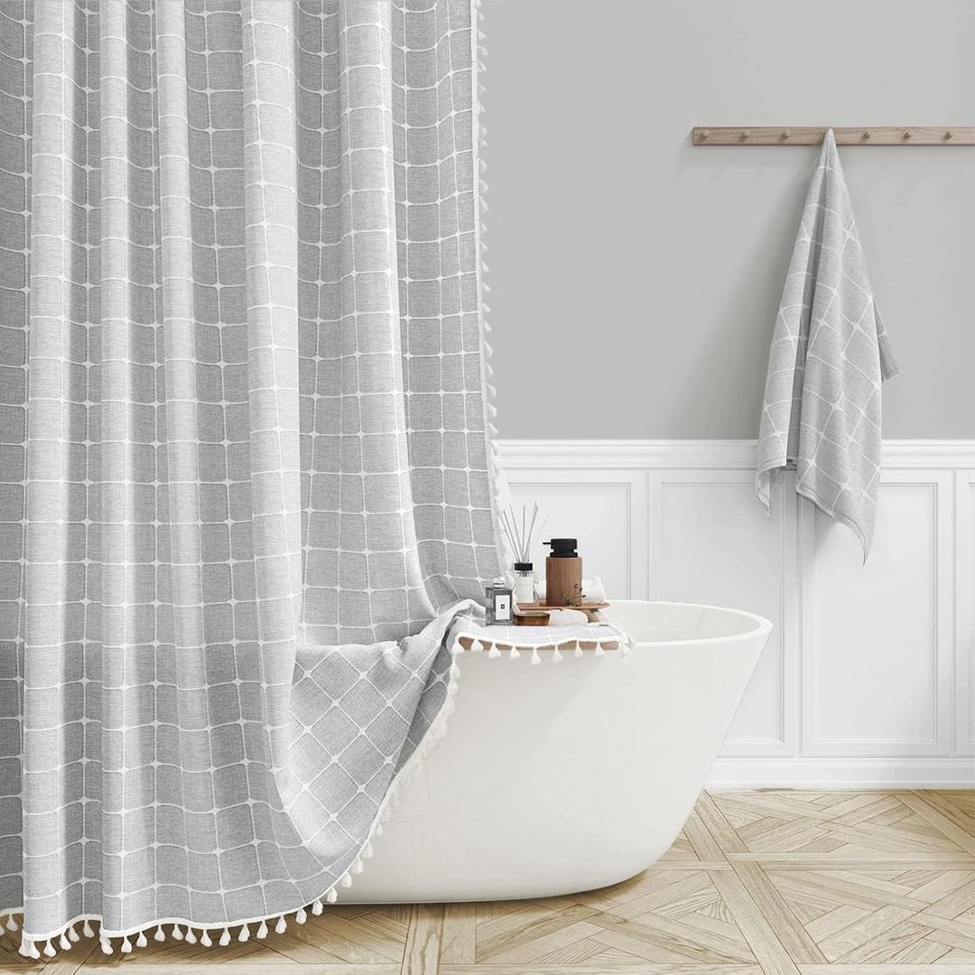 BTTN 84 Inch Wide Shower Curtain - W84xH72 Inch Linen Boho Farmhouse Fabric Shower Curtain Set with 14 Plastic Hooks, Large Country Thick Water-Resistant Cloth Bath Curtains for Bathroom - Grey/Gray