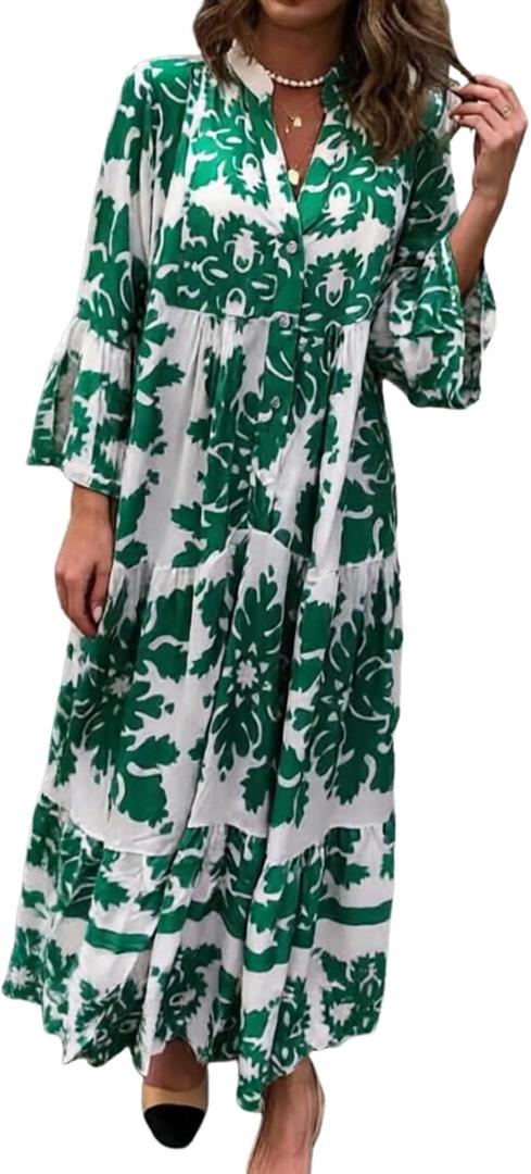 evepes Summer Maxi Dresses for Women Boho Ruffle 3/4 Sleeve V Neck Flowy Long Dress Tiered Casual Beach Dress with Pockets (White, L)