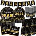 2 x Graduation Decorations 2026 Disposable Black Graduation Tableware Kit for 25 Guests Plates Napkins Cups Tablecloth Hanging Graduation Party Decorations 2026