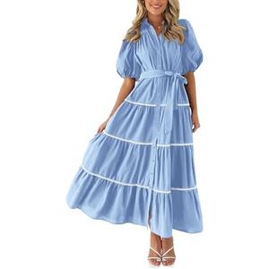 PRETTYGARDEN Women's Summer Button Down Shirt Dress Short Puffy Sleeve Tiered Ruffle Flowy Long Maxi Dresses, Large