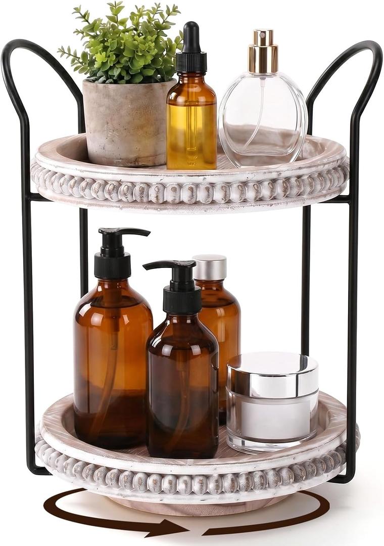 Qunclay 360 Rotating 2 Tier Wooden Tray Organizer Rustic Farmhouse Vanity Storage Large Capacity Round Organizer with Iron Frame for Cosmetics Perfume Skincare Kitchen Counter Bathroom Coffee Station