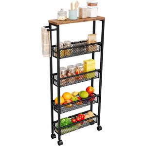 AZERPIAN Slim Rolling Cart 5 Tier Narrow Storage Cart on Wheels with MDF Board Top and Metal Handle for Small Space Kitchen Living Room Home Office Pantry Bathroom Laundry (16.38 x 5.12 x 39.17 inch)