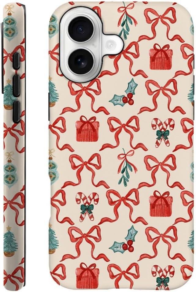 Case Compatible with iPhone 17 - Hybrid Durable Shockproof Phone Cover,Cases for Woman Girl - Red Green Christmas Scroll Bow