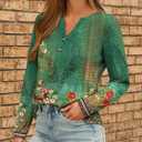 Dealmore Women's Boho Henley Printed Shirts V-Neck Tunic Tops (Green, L)