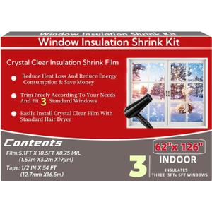 Indoor Window Insulation Kit, Clear Window Film Keeps Cold Drafts Out and Warm Air in (3W(62x126IN))