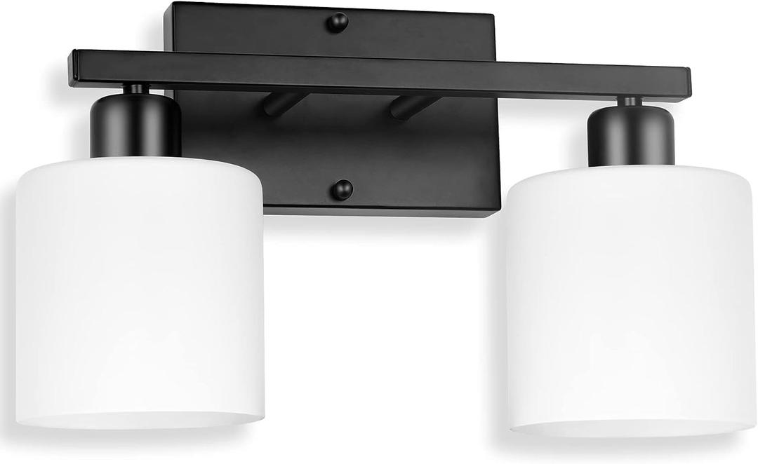 Bathroom Light Fixtures Over Mirror, Anti-Rust Matte Black Vanity Lights 15 Mid Century Modern 2-Light Wall Sconces, Milky White Glass Shades, E26 Standard Socket, Bulbs Not Included