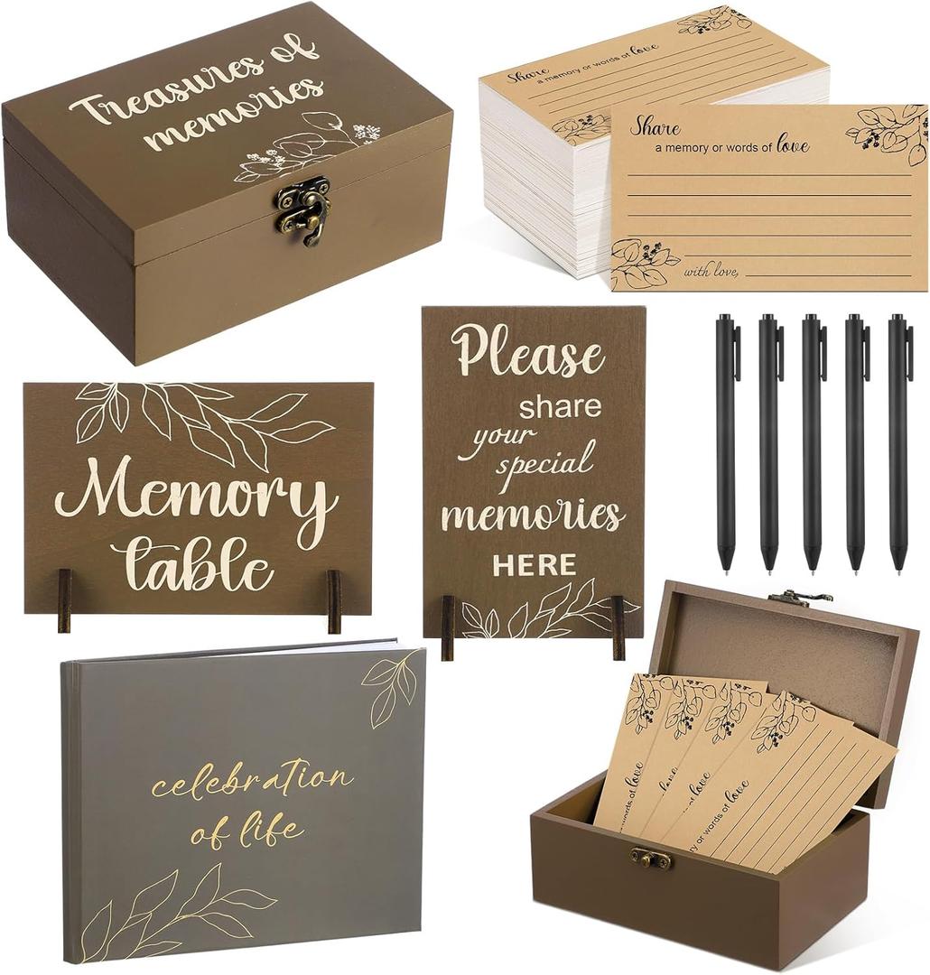 Celebration of Life Guest Book Share a Memory Decorations for Funeral 100 Pcs Funeral Cards 2 Wood Sign with 4 Hold 1 Keepsake Box with 5 Pen for Memorial Service(Brown,Leaf)