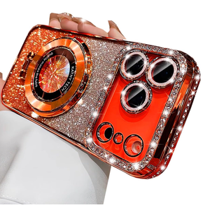 Changjia Magnetic Kickstand Glitter Case for iPhone 17 Pro, [Compatible with Magsafe] Cute Luxury Bling Sparkly Diamond Rhinestones with Camera Lens Protector Women Girls Case for iPhone 17 Pro,Orange